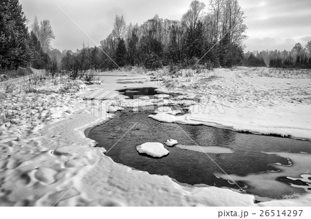 Winter landscape. Ice-river.Black-and-white image. 26514297