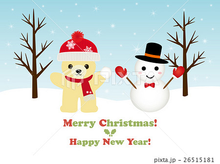 テディベアと雪だるまのクリスマスカードのイラスト素材 テディベアと雪だるまのクリスマスカードのイラスト素材