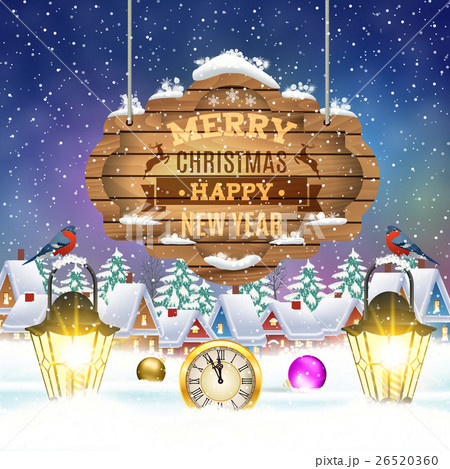 Christmas vintage greeting card on winter village Christmas vintage greeting card on winter village 26520360
