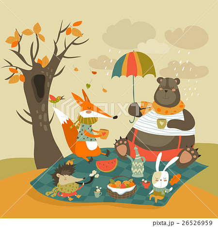 Animals at picnic in autumnal forest 26526959
