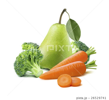 Whole pear broccoli carrots isolated on white Whole pear broccoli carrots isolated on white 26529741