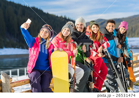 People Group With Snowboard And Ski Resort Snow 26531474