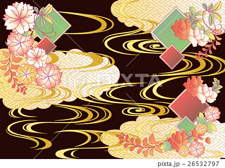 和柄背景桜と波のイラスト素材