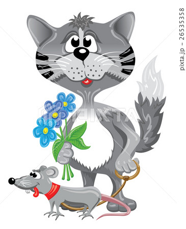 Funny gray cat with cute rat and blue flowers Funny gray cat with cute rat and blue flowers 26535358