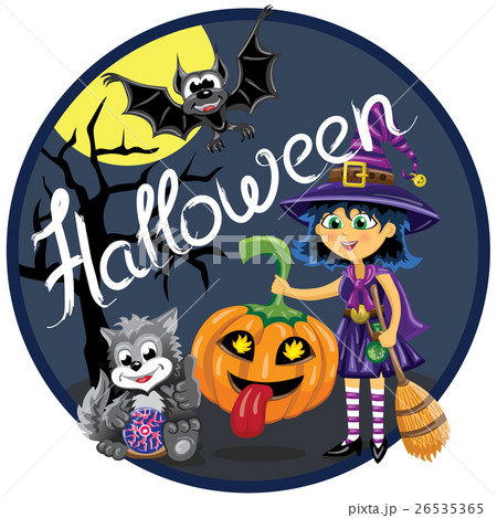 Halloween scene. Witch with pumpkin, cat and bat Halloween scene. Witch with pumpkin, cat and bat 26535365