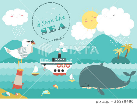 Whale,steamship and seagull in blue sea Whale,steamship and seagull in blue sea 26539490