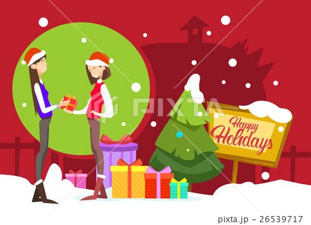 Two Woman Hold Present Box Gift Merry Christmas 26539717