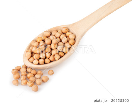 Chickpeas in wooden spoon on white background Chickpeas in wooden spoon on white background 26558300