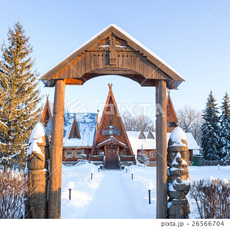 Restaurant, Wooden gate with fairy-tale sculptures Restaurant, Wooden gate with fairy-tale sculptures 26566704
