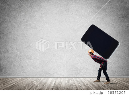 Builder man carry huge smartphone Builder man carry huge smartphone 26571205
