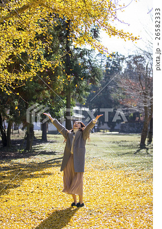 奈良県奈良市の奈良公園の銀杏の木の下で銀杏の葉っぱを放り投げ楽しそうな笑顔の若い女性 奈良県奈良市の奈良公園の銀杏の木の下で銀杏の葉っぱを放り投げ楽しそうな笑顔の若い女性 26582333