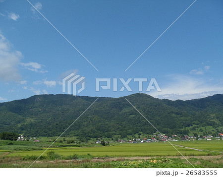 飯山市の田んぼと黒岩山の風景 26583555