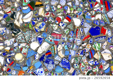 Wall with broken ceramic plates colored fragments Wall with broken ceramic plates colored fragments 26592658