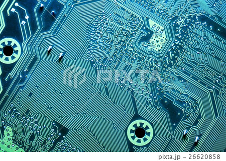 Close up of a printed blue computer circuit board Close up of a printed blue computer circuit board 26620858