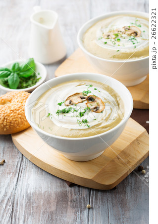 Mushroom cream soup on a table 26622321