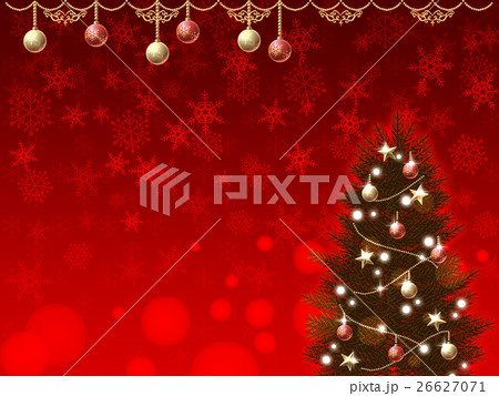 クリスマスツリーとオーナメント 雪の結晶背景 のイラスト素材