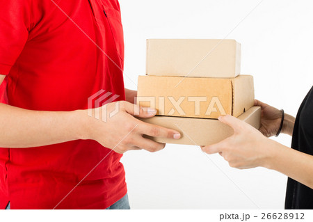 Delivery service to customer receiving package... Delivery service to customer receiving package... 26628912