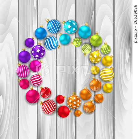 Set Colorful Christmas Glass Balls on Wooden 26629026