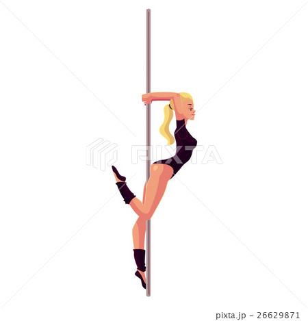 Young woman in black leotard standing at the pole Young woman in black leotard standing at the pole 26629871