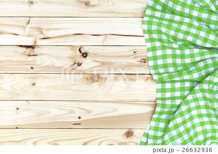 Wooden table, top view, green checkered tablecloth Wooden table, top view, green checkered tablecloth 26632936