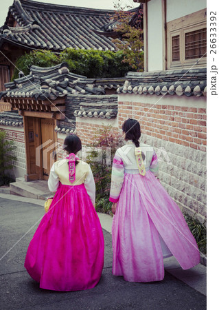A couple women in Bukchon Hanok Village in Seoul 26633392