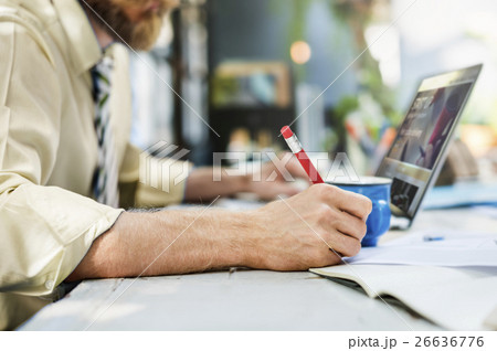 Businessman Writing Notebook Working Laptop Concept Businessman Writing Notebook Working Laptop Concept 26636776