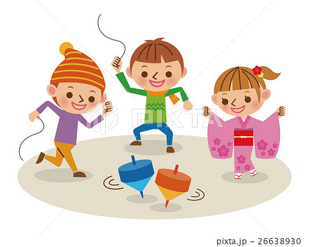 正月にコマ回しで遊ぶ子供たち3人のイラスト素材 26638930 Pixta