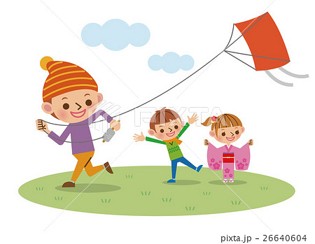 正月に凧揚げをして遊ぶ子供たち2人のイラスト素材
