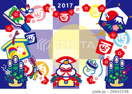 年賀状2017　とり年　酉印　鏡餅　羽子板　絵馬　破魔矢　門松　凧　富士山　鶴亀　紅白梅　青紺 26642248