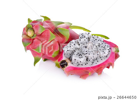 whole and cut fresh dragon fruit on white whole and cut fresh dragon fruit on white 26644650