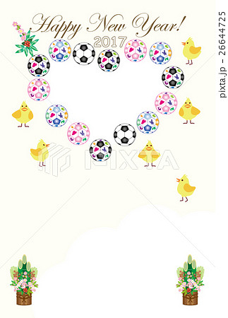 可愛いヒヨコとサッカーボールの年賀状フォトフレームのテンプレート素材のイラスト素材