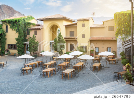 Restaurant cafe table with chair and umbrella Restaurant cafe table with chair and umbrella 26647799