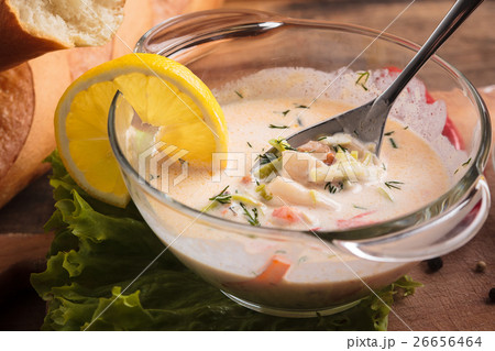 Creamy soup with seafood Creamy soup with seafood 26656464
