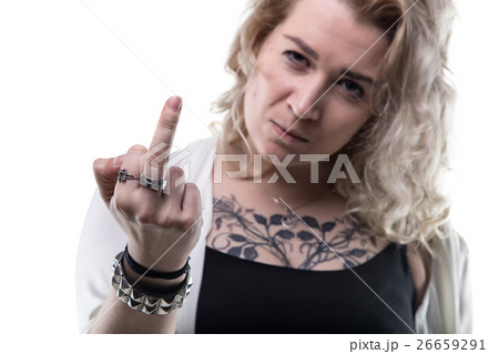 Blond woman showing middle finger Blond woman showing middle finger 26659291