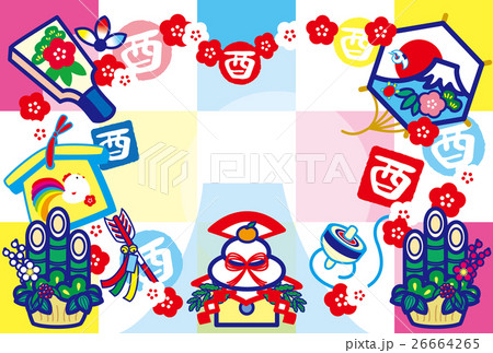 年賀状2017　とり年　酉印　鏡餅　羽子板　絵馬　破魔矢　門松　凧　富士山　HappyNewYear 26664265