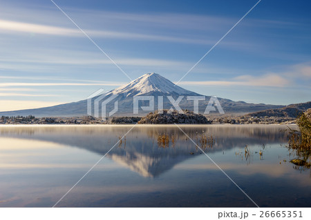 Japan travel,mt fuji and snow at Kawaguchiko lake 26665351