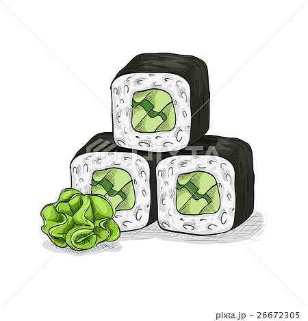 Vector sushi color sketch, Cucumber roll 26672305