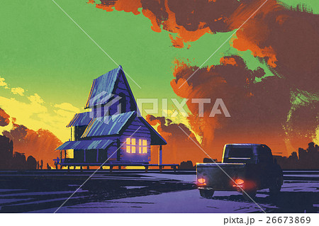rural scenery with old pickup truck and old house 26673869