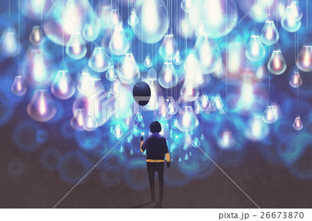 man with black balloon among a lot oflight bulbs 26673870