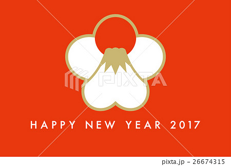 年賀状 17年 梅 富士山 赤朱色 のイラスト素材
