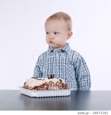 cute little boy with birthday cake on white 26675262