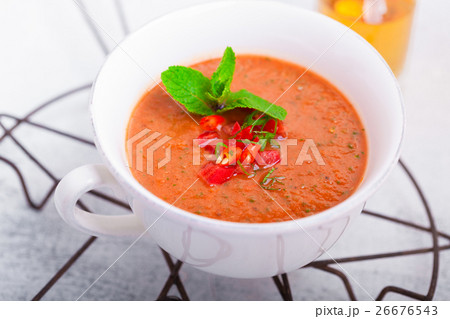 Bowl of fresh tomato soup gazpacho Bowl of fresh tomato soup gazpacho 26676543