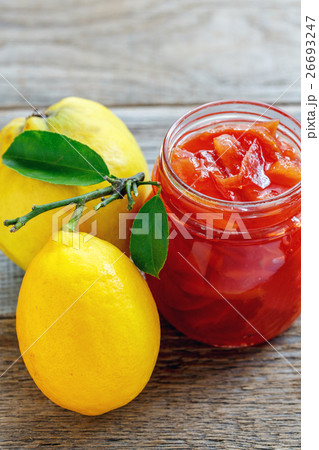 Delicious quince jam in jar and fruit. 26693247