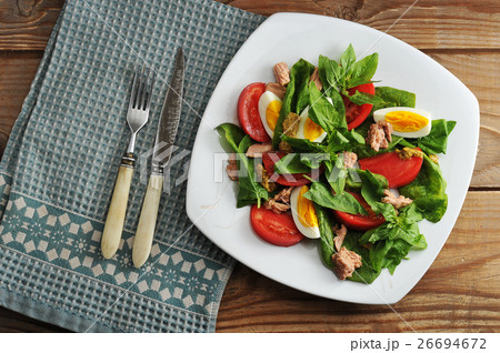 tuna salad - tuna, spinach, egg, tomatoes, mustard 26694672