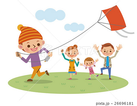 正月に凧揚げをして遊ぶ家族のイラスト素材