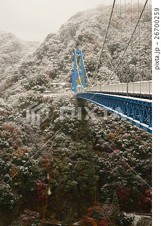 竜神大吊り橋 紅葉と雪の写真素材