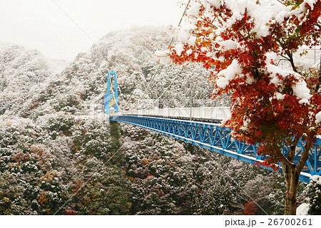 竜神大吊り橋 紅葉と雪の写真素材