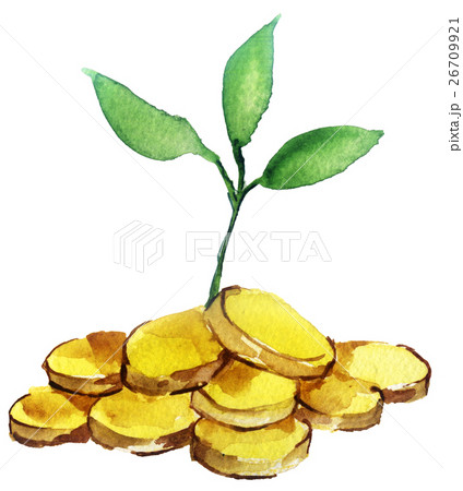 watercolor sketch sprout on the coins on white 26709921