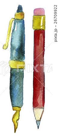 watercolor sketch of pen and pencil on white  26709922
