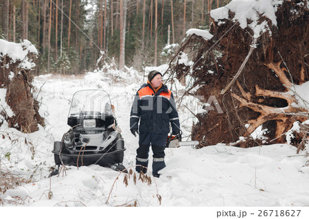 Proffesional Lumberjack hold hand saw. Winter 26718627